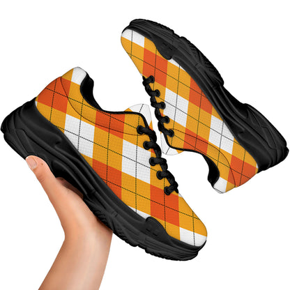 White And Orange Argyle Pattern Print Black Chunky Shoes