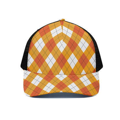 White And Orange Argyle Pattern Print Black Mesh Trucker Cap