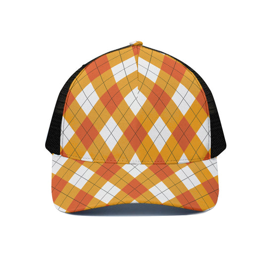 White And Orange Argyle Pattern Print Black Mesh Trucker Cap