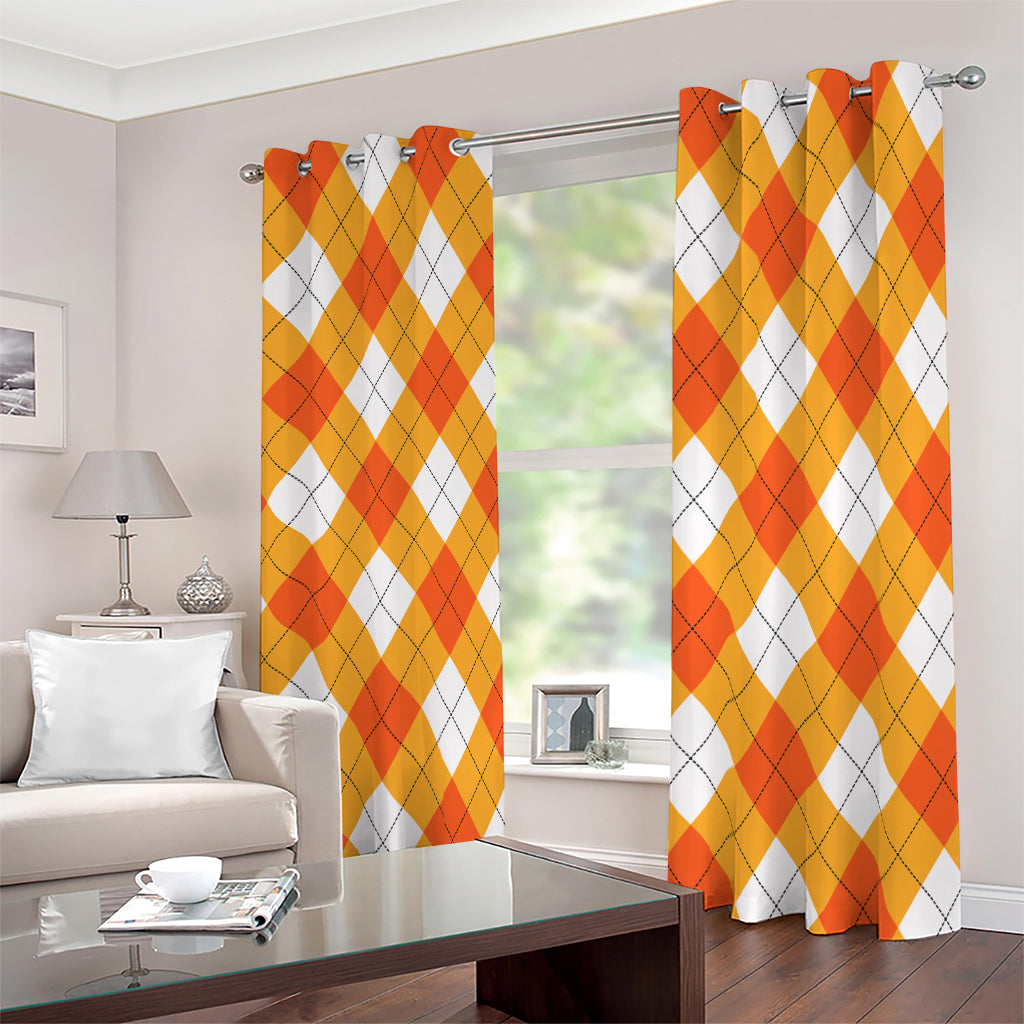 White And Orange Argyle Pattern Print Blackout Grommet Curtains