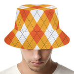 White And Orange Argyle Pattern Print Bucket Hat