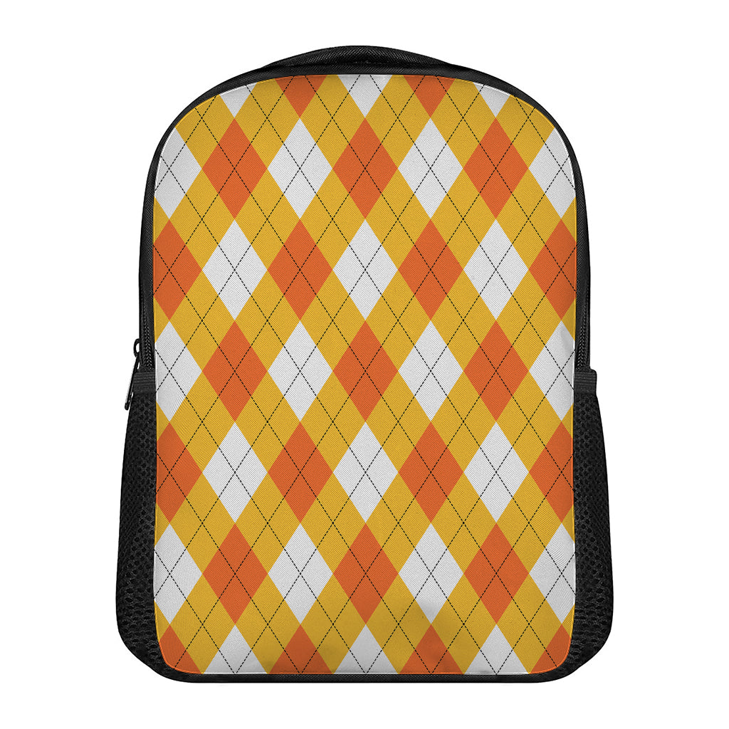 White And Orange Argyle Pattern Print Casual Backpack