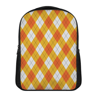 White And Orange Argyle Pattern Print Casual Backpack