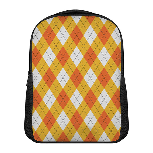 White And Orange Argyle Pattern Print Casual Backpack