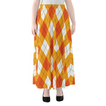 White And Orange Argyle Pattern Print Chiffon Maxi Skirt