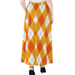 White And Orange Argyle Pattern Print Chiffon Maxi Skirt