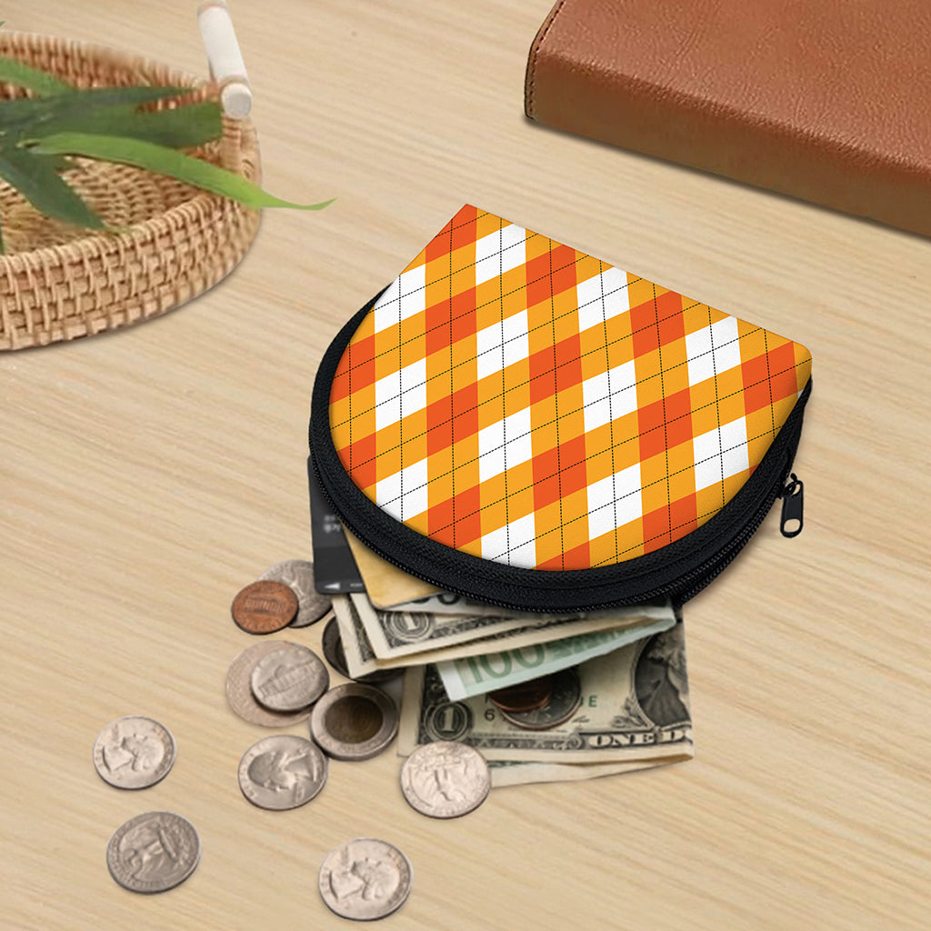 White And Orange Argyle Pattern Print Coin Purse