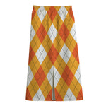 White And Orange Argyle Pattern Print Cotton Front Slit Maxi Skirt