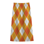 White And Orange Argyle Pattern Print Cotton Front Slit Maxi Skirt
