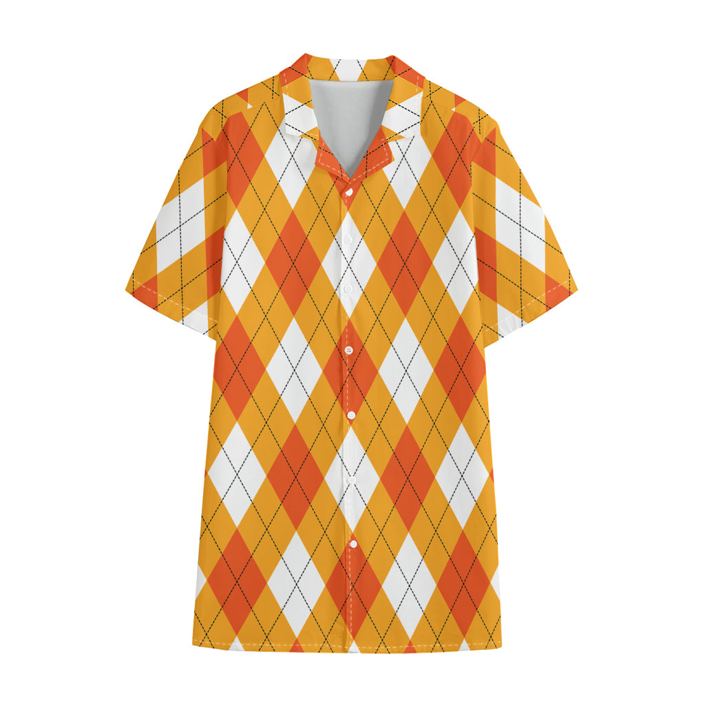 White And Orange Argyle Pattern Print Cotton Hawaiian Shirt