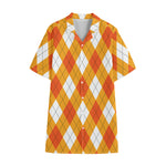 White And Orange Argyle Pattern Print Cotton Hawaiian Shirt