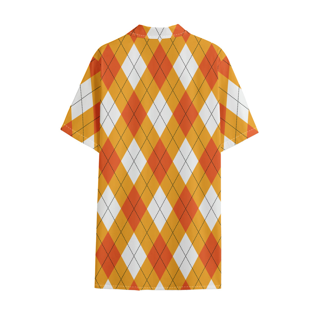 White And Orange Argyle Pattern Print Cotton Hawaiian Shirt