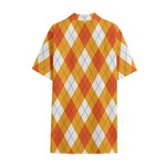 White And Orange Argyle Pattern Print Cotton Hawaiian Shirt