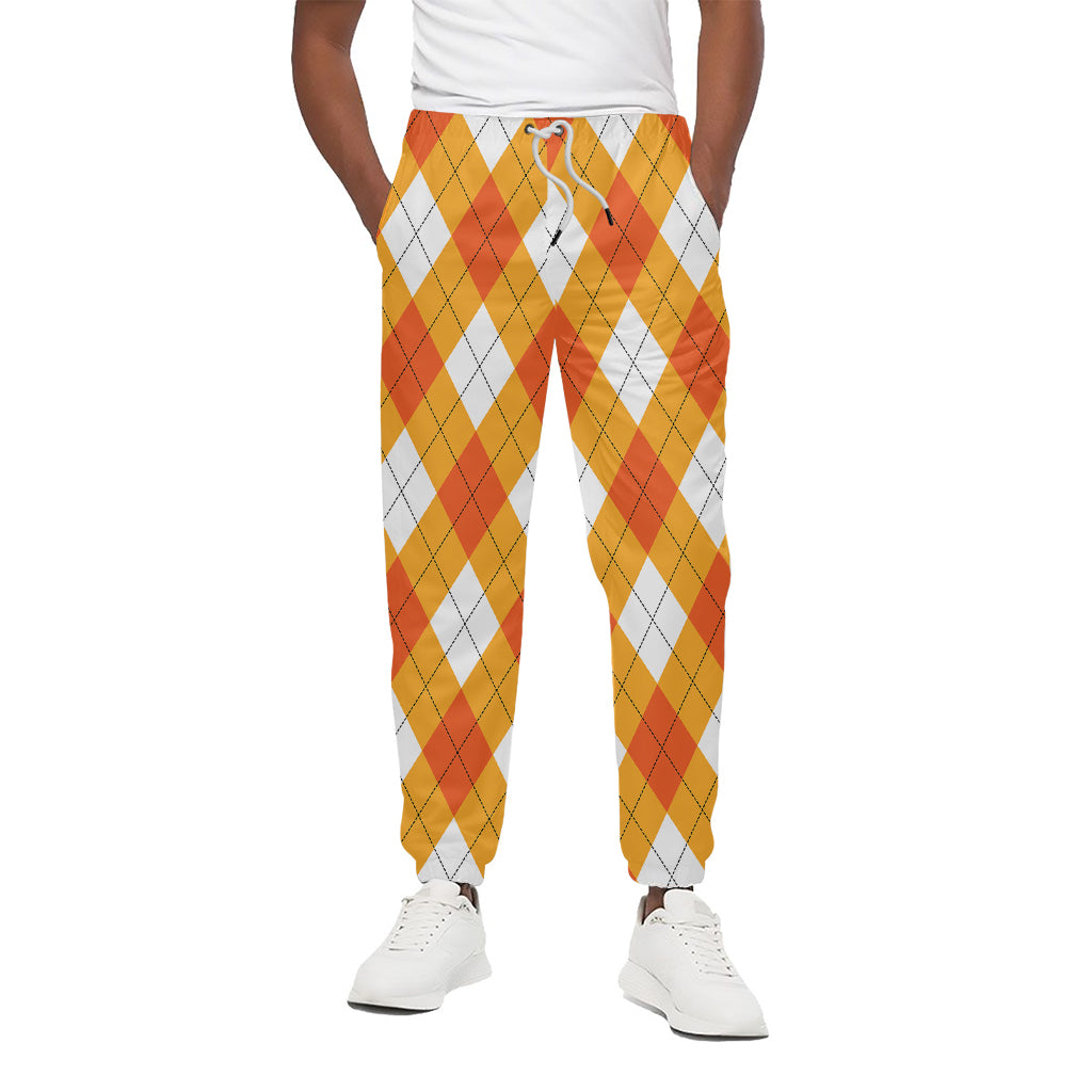 White And Orange Argyle Pattern Print Cotton Pants