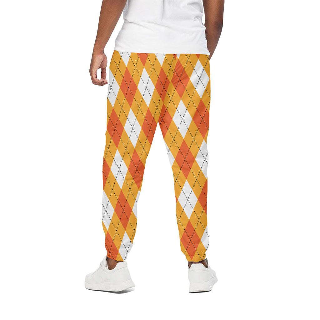 White And Orange Argyle Pattern Print Cotton Pants
