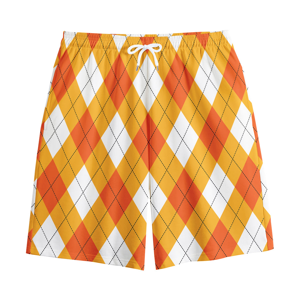 White And Orange Argyle Pattern Print Cotton Shorts