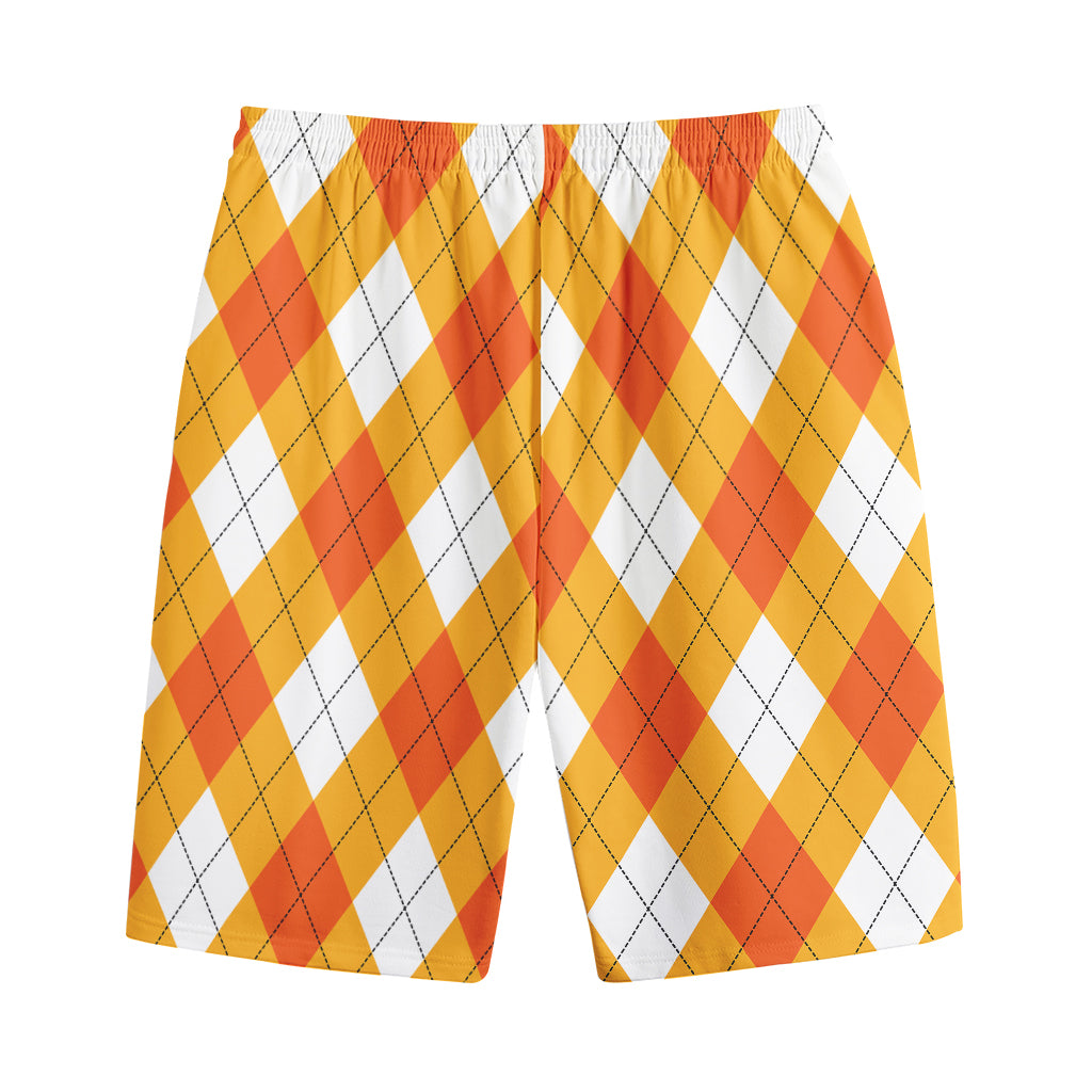 White And Orange Argyle Pattern Print Cotton Shorts