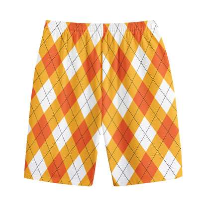White And Orange Argyle Pattern Print Cotton Shorts