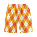 White And Orange Argyle Pattern Print Cotton Shorts