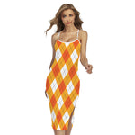 White And Orange Argyle Pattern Print Cross Back Cami Dress