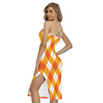 White And Orange Argyle Pattern Print Cross Back Cami Dress