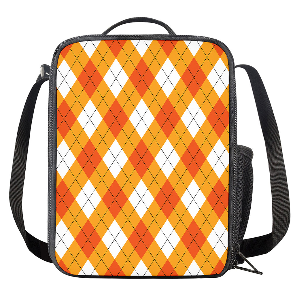 White And Orange Argyle Pattern Print Crossbody Lunch Bag