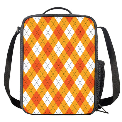 White And Orange Argyle Pattern Print Crossbody Lunch Bag