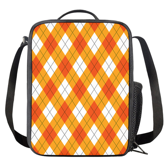 White And Orange Argyle Pattern Print Crossbody Lunch Bag