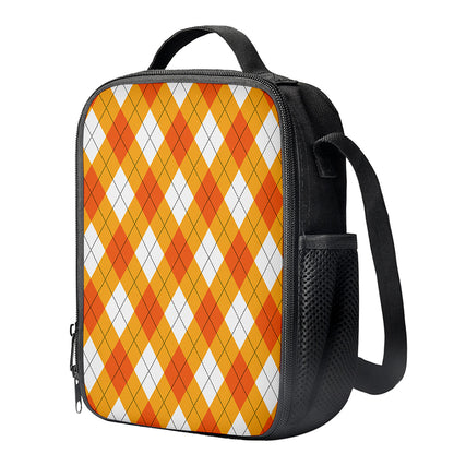 White And Orange Argyle Pattern Print Crossbody Lunch Bag
