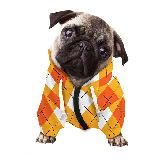 White And Orange Argyle Pattern Print Dog Zip Up Hoodie