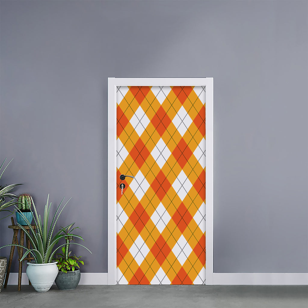 White And Orange Argyle Pattern Print Door Sticker