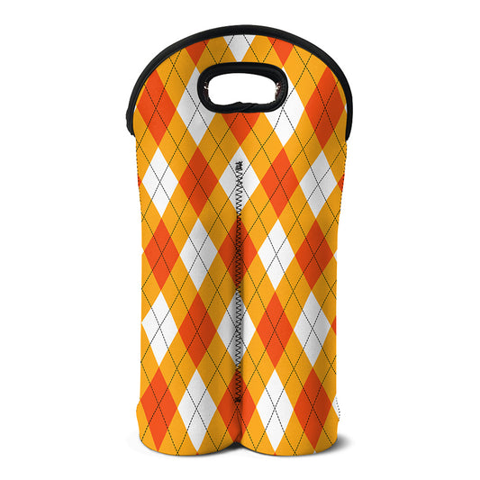 White And Orange Argyle Pattern Print Double Neoprene Wine Tote