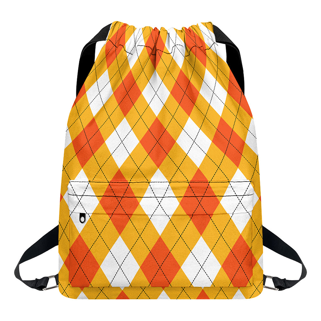 White And Orange Argyle Pattern Print Drawstring Backpack