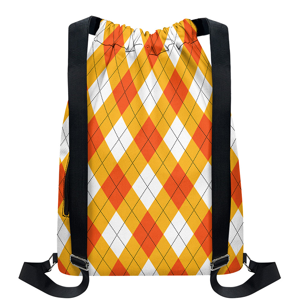 White And Orange Argyle Pattern Print Drawstring Backpack