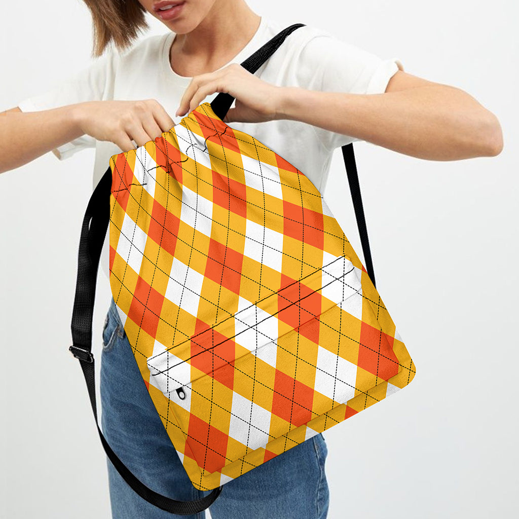 White And Orange Argyle Pattern Print Drawstring Backpack