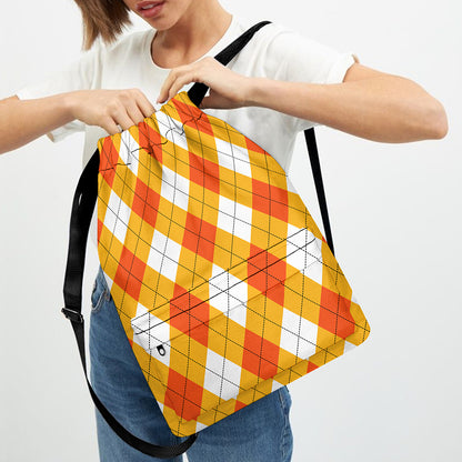 White And Orange Argyle Pattern Print Drawstring Backpack