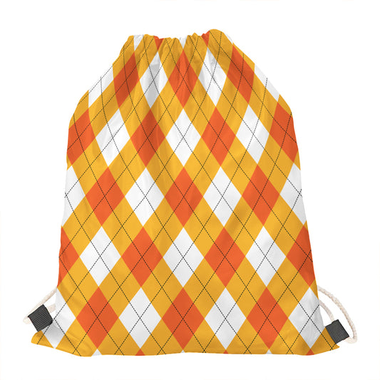 White And Orange Argyle Pattern Print Drawstring Bag