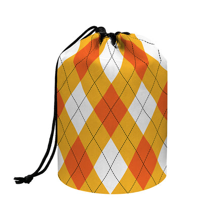 White And Orange Argyle Pattern Print Drawstring Makeup Bag