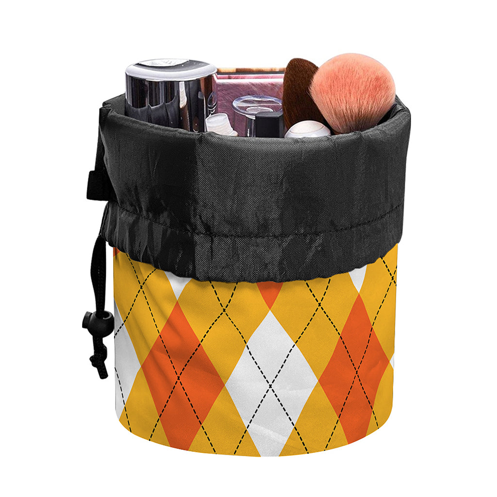 White And Orange Argyle Pattern Print Drawstring Makeup Bag