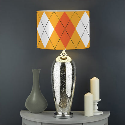 White And Orange Argyle Pattern Print Drum Lamp Shade