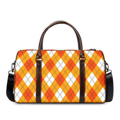 White And Orange Argyle Pattern Print Duffle Bag