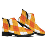 White And Orange Argyle Pattern Print Flat Ankle Boots