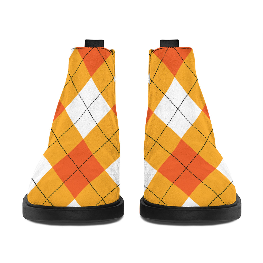 White And Orange Argyle Pattern Print Flat Ankle Boots