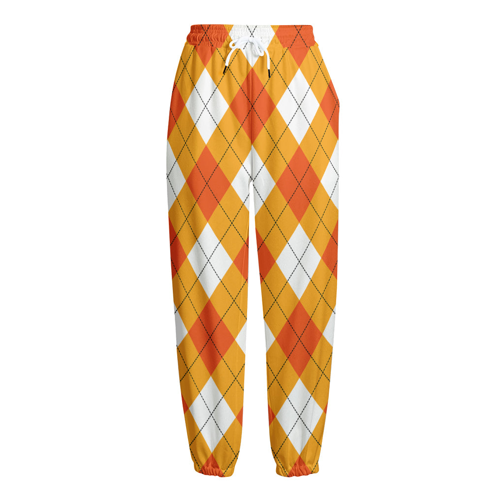 White And Orange Argyle Pattern Print Fleece Lined Knit Pants