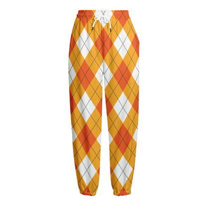 White And Orange Argyle Pattern Print Fleece Lined Knit Pants