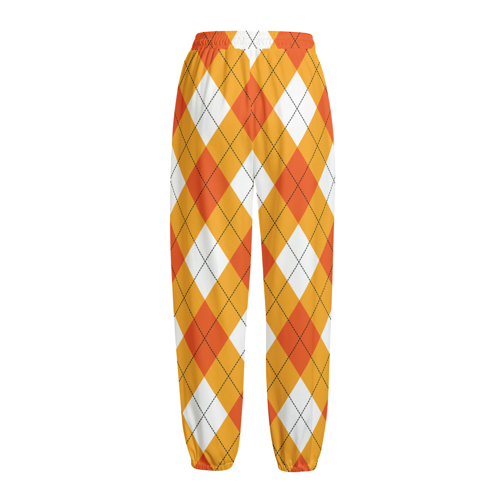 White And Orange Argyle Pattern Print Fleece Lined Knit Pants