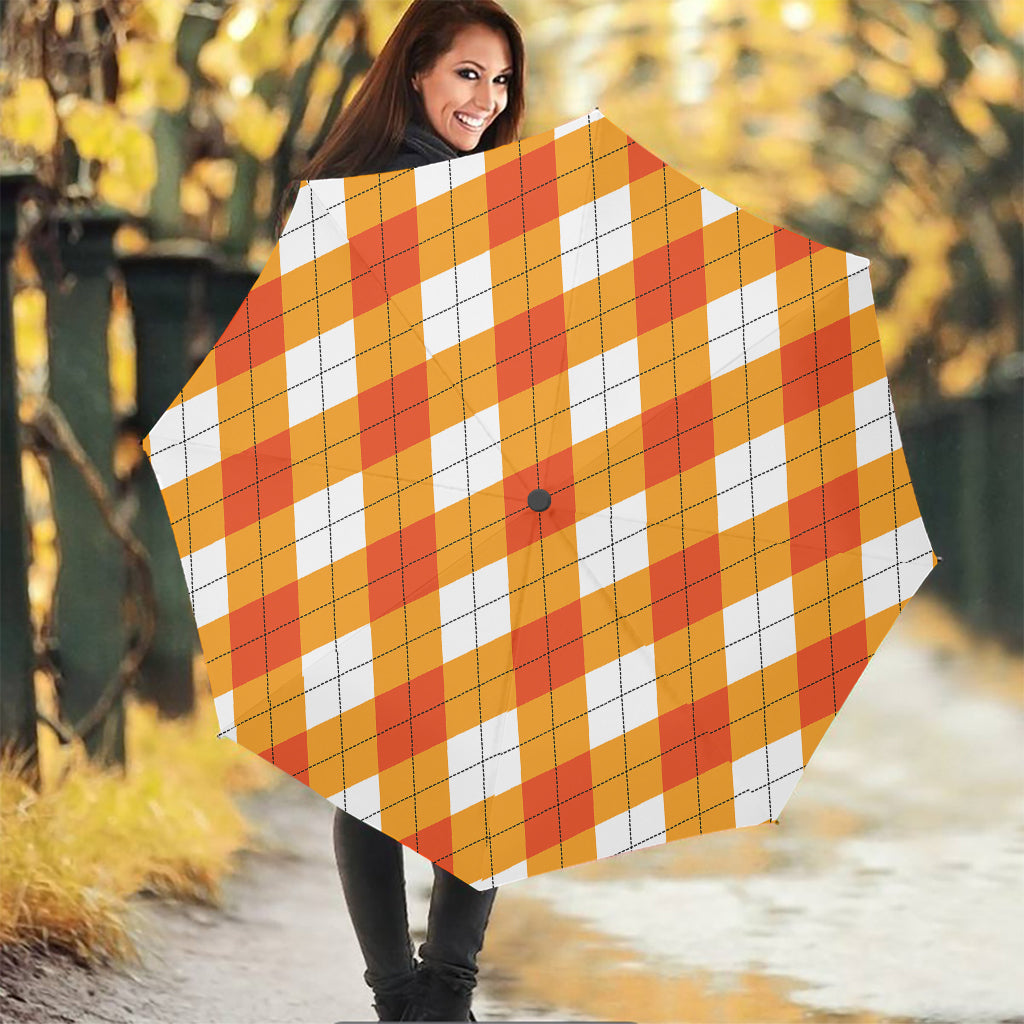 White And Orange Argyle Pattern Print Foldable Umbrella