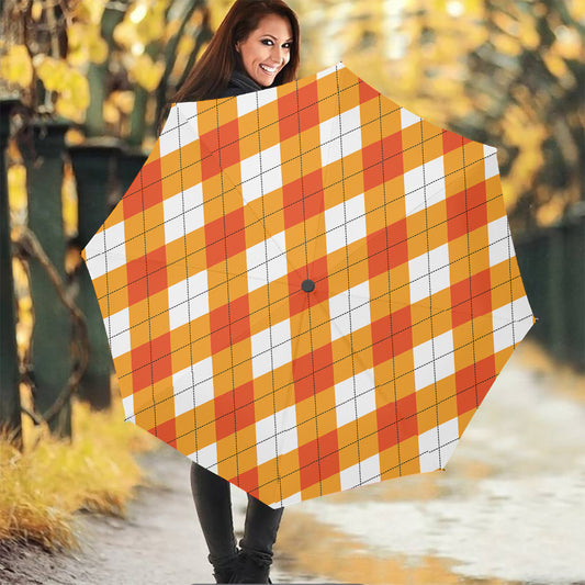 White And Orange Argyle Pattern Print Foldable Umbrella