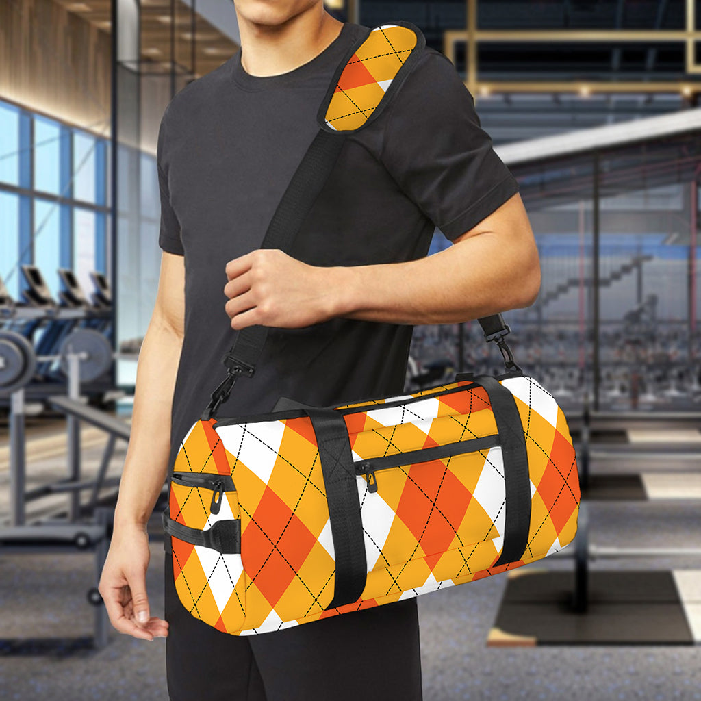 White And Orange Argyle Pattern Print Gym Bag