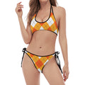White And Orange Argyle Pattern Print Halter Scoop Tie Side Bikini